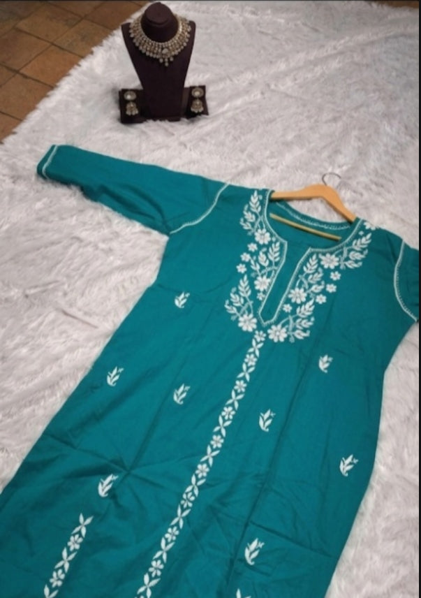Teal Green Chikankari Kurti for Women | Straight Fit Ethnic Wear
