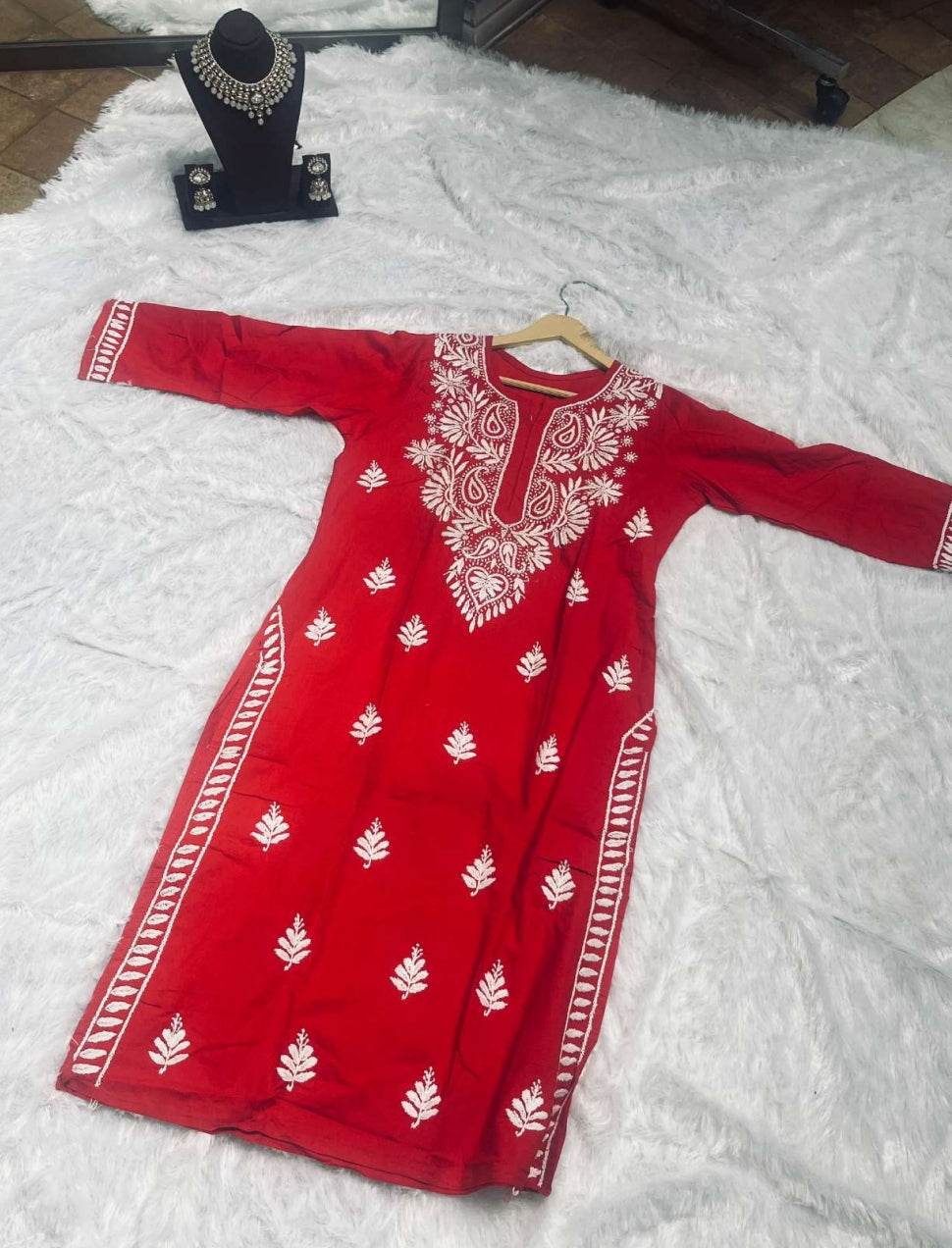 Red Chikankari Kurti Set for Women | Embroidered Ethnic Wear