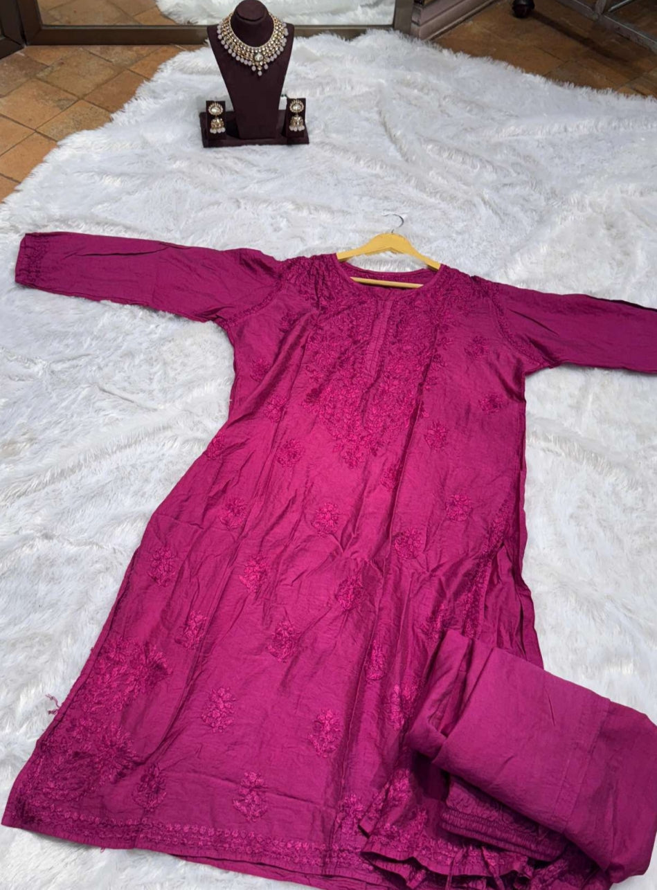 Dark Pink Chikankari Kurti Set for Women | Embroidered Ethnic Wear