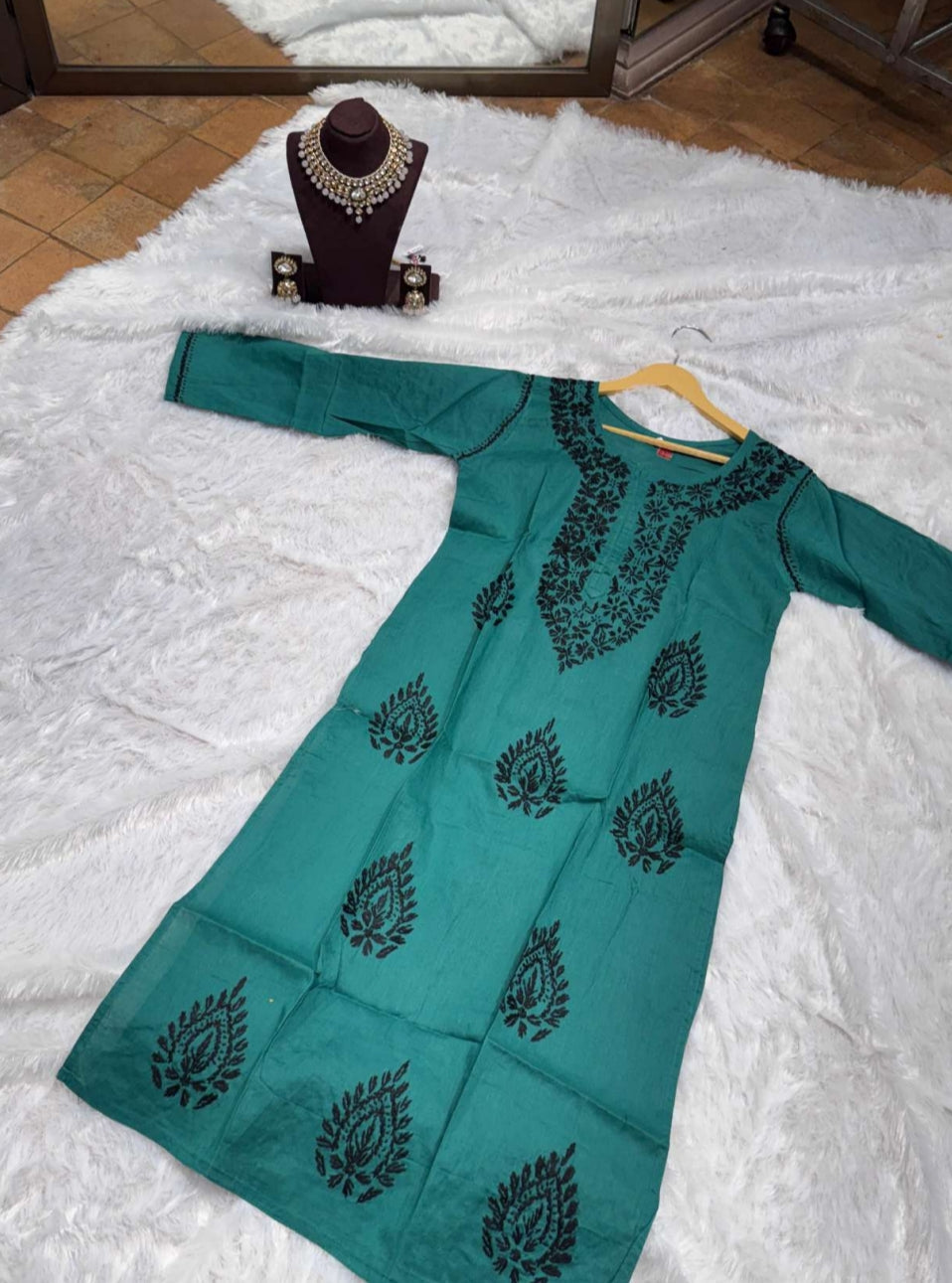 Teal Green Chikankari Style Kurti for Women | Straight Fit Ethnic Wear