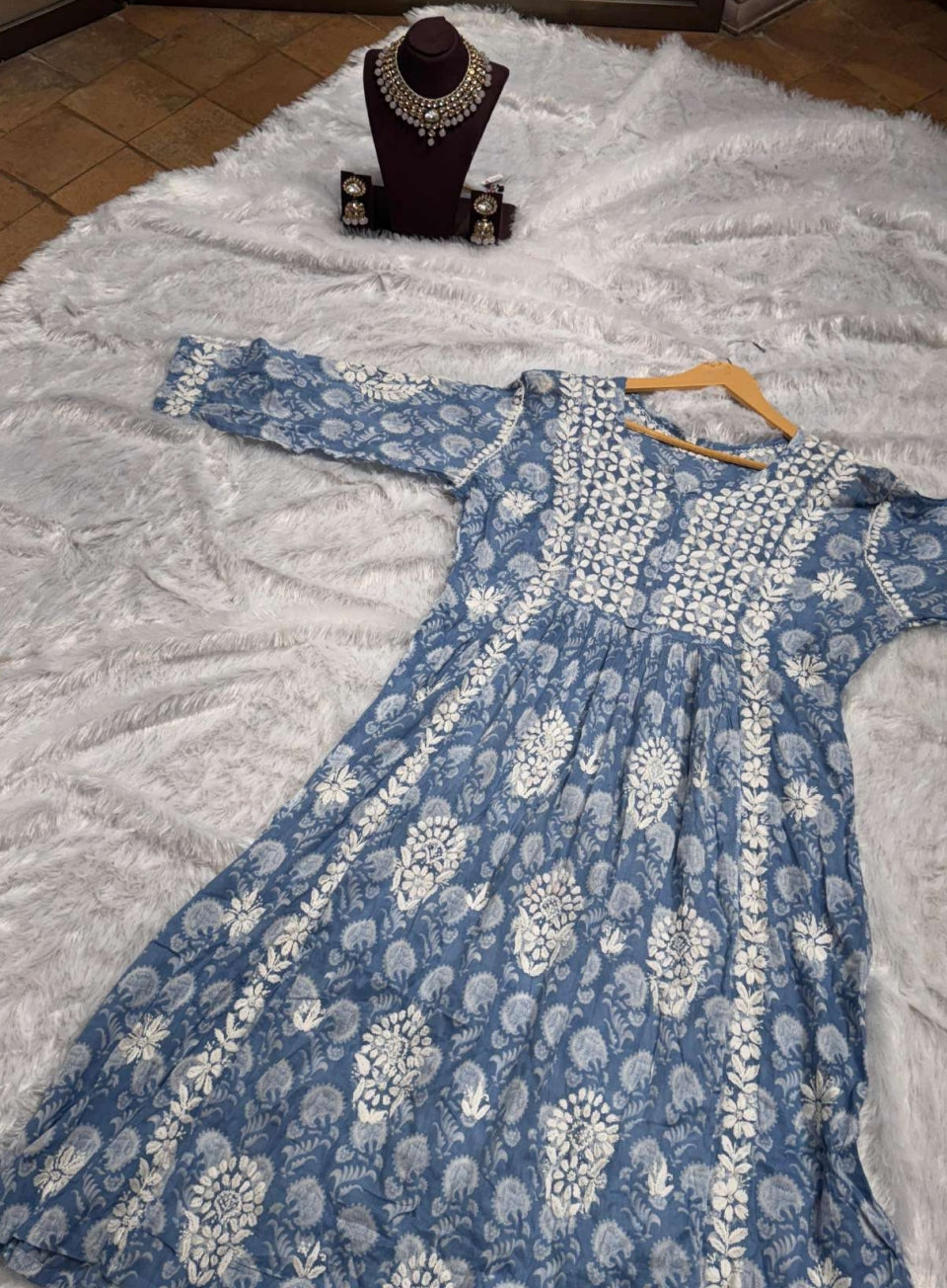 Powder Blue Chikankari Kurti for Women | Anarkali Style Ethnic Wear