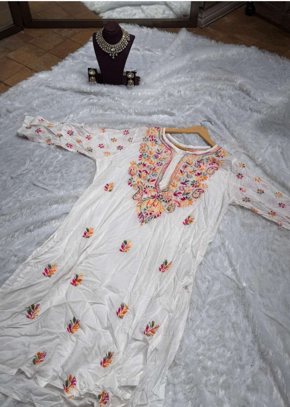 White Multicolor Chikankari Kurti for Women | Straight Fit Ethnic Wear