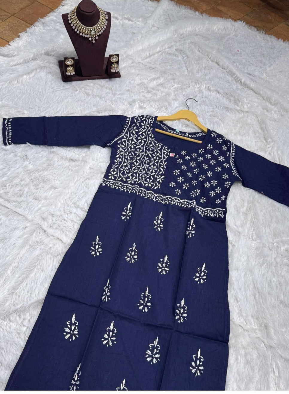 Dark Blue Chikankari Kurti for Women | Straight Fit Ethnic Wear