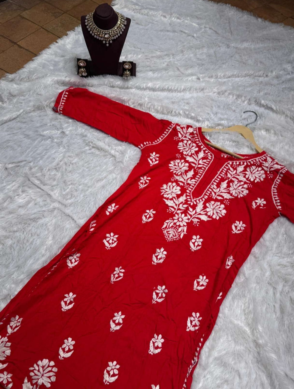 Classic Red Chikankari Kurti for Women | Straight Fit Ethnic Wear