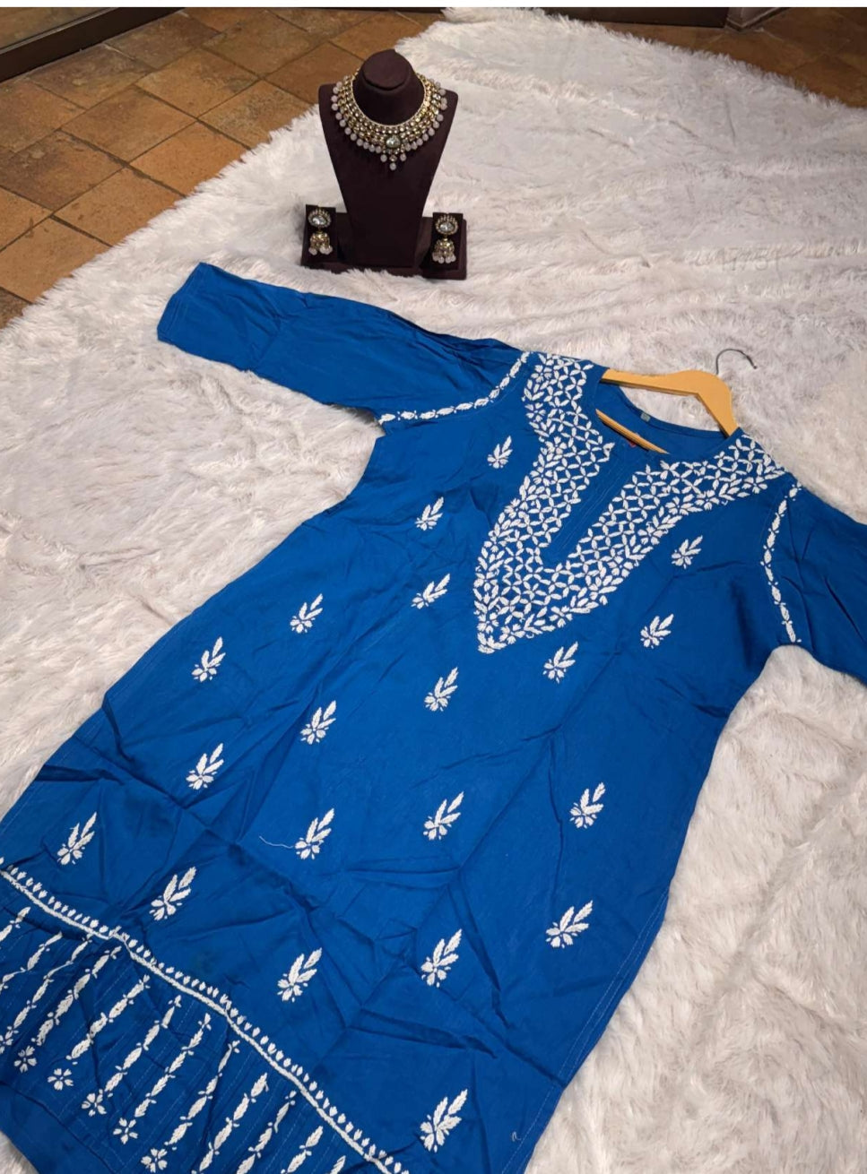 Royal Blue Chikankari Kurti for Women | Straight Fit Ethnic Wear