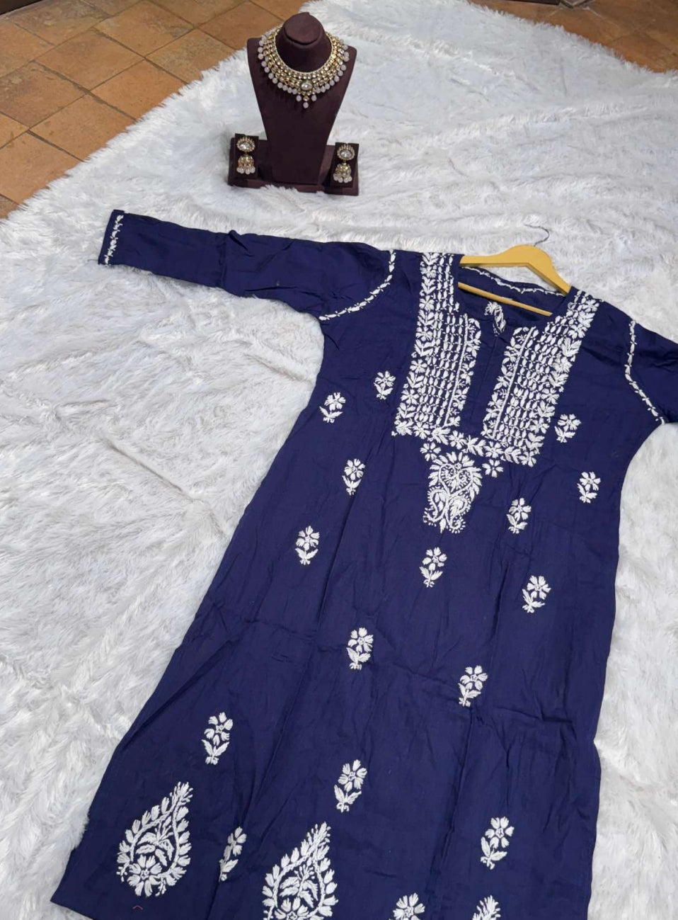 Navy Blue Chikankari Kurti for Women | Straight Fit Ethnic Wear