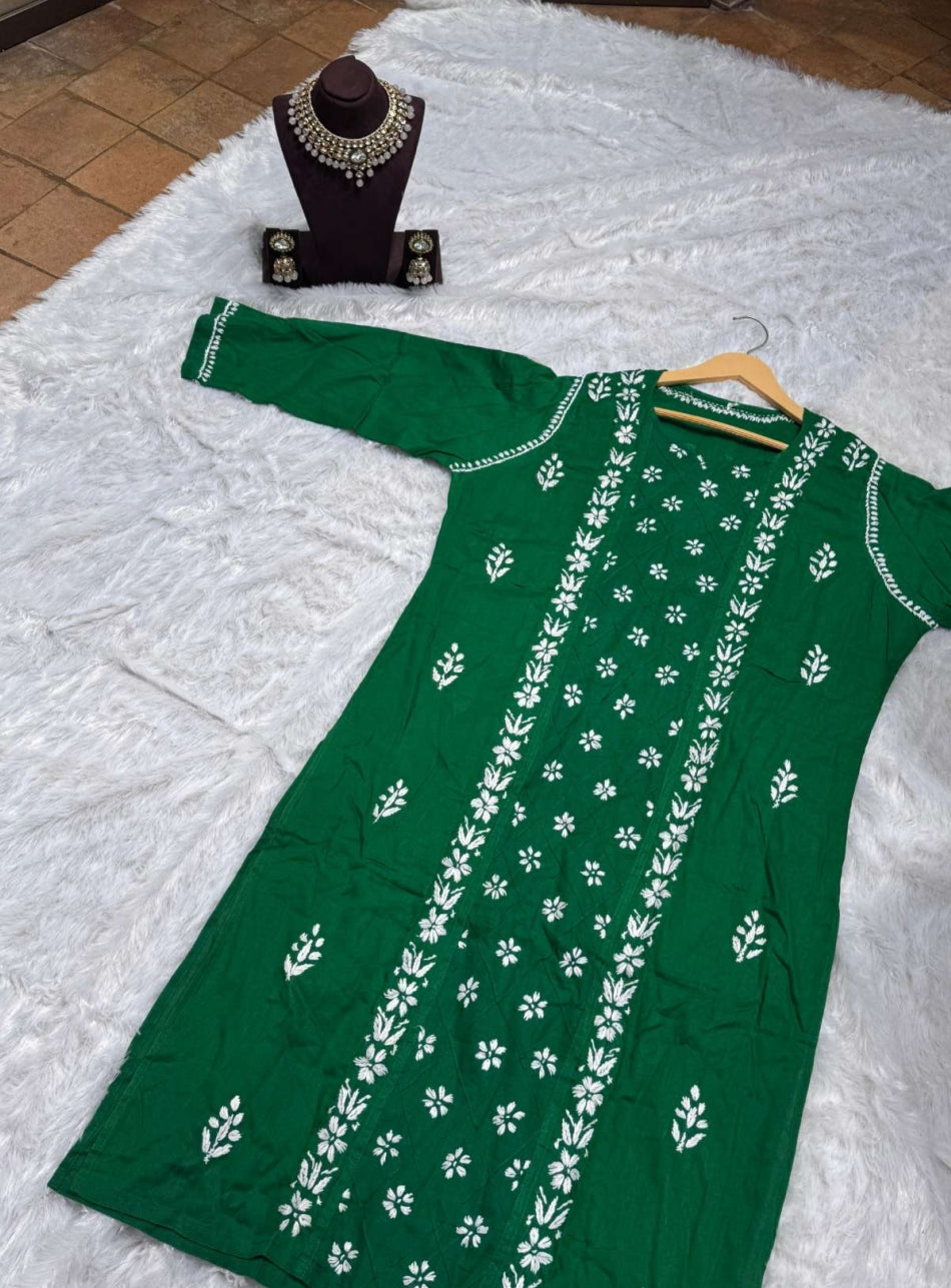 Bottle Green Chikankari Kurti for Women | Straight Fit Ethnic Wear