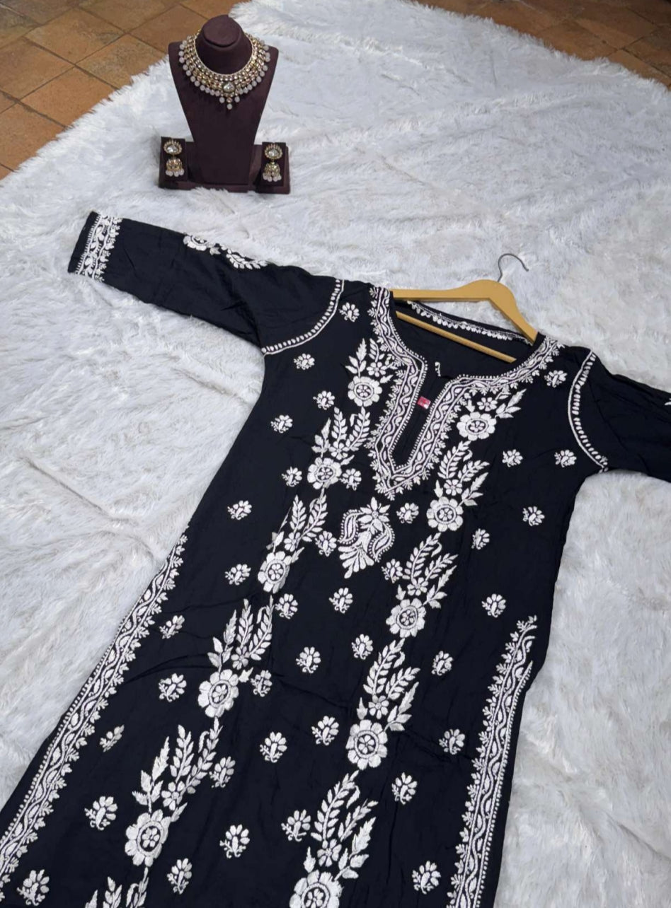 Black Chikankari Kurti for Women | Straight Fit Ethnic Wear