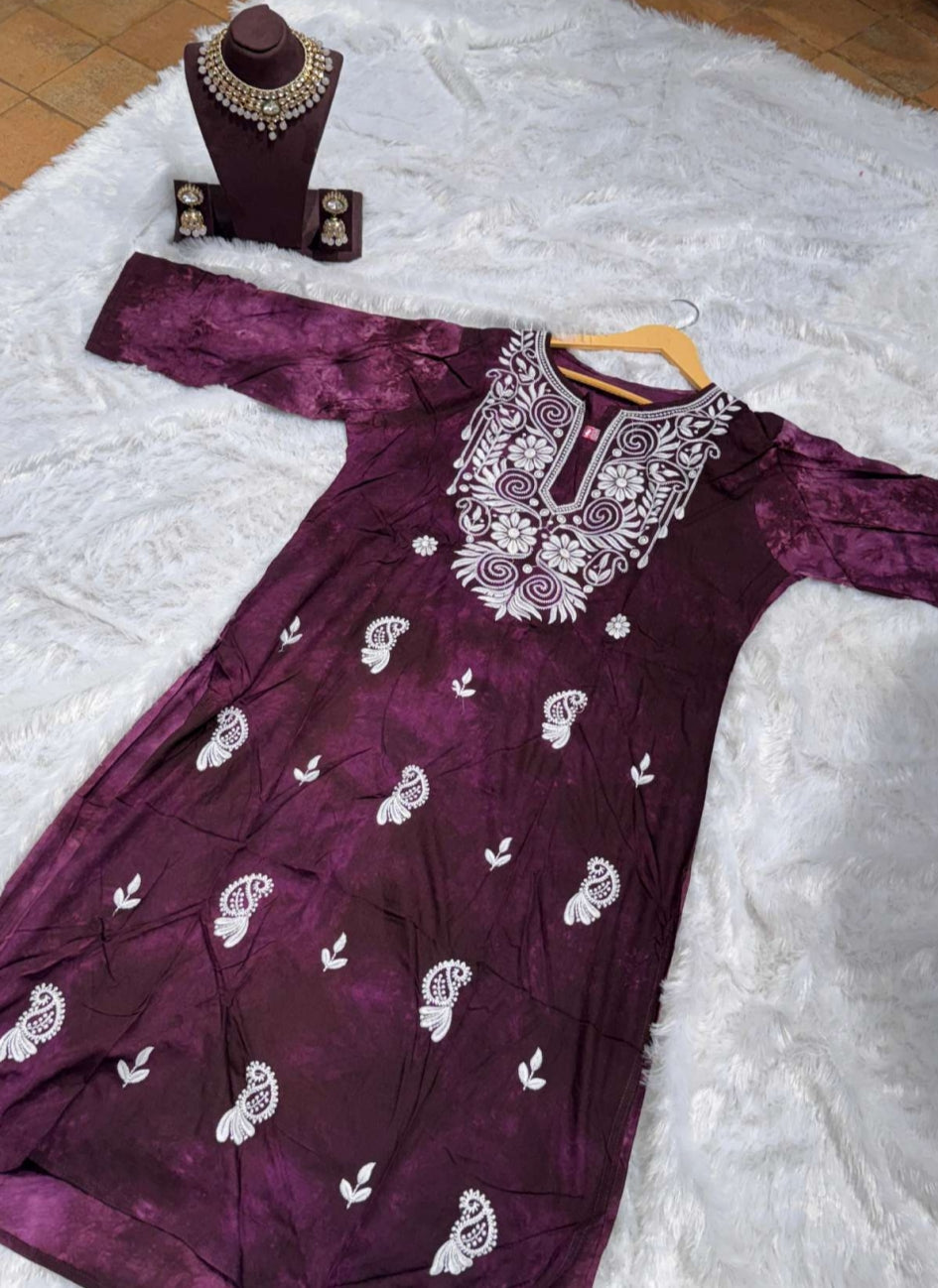 Mehroon Chikankari Kurti for Women | Straight Fit Ethnic Wear