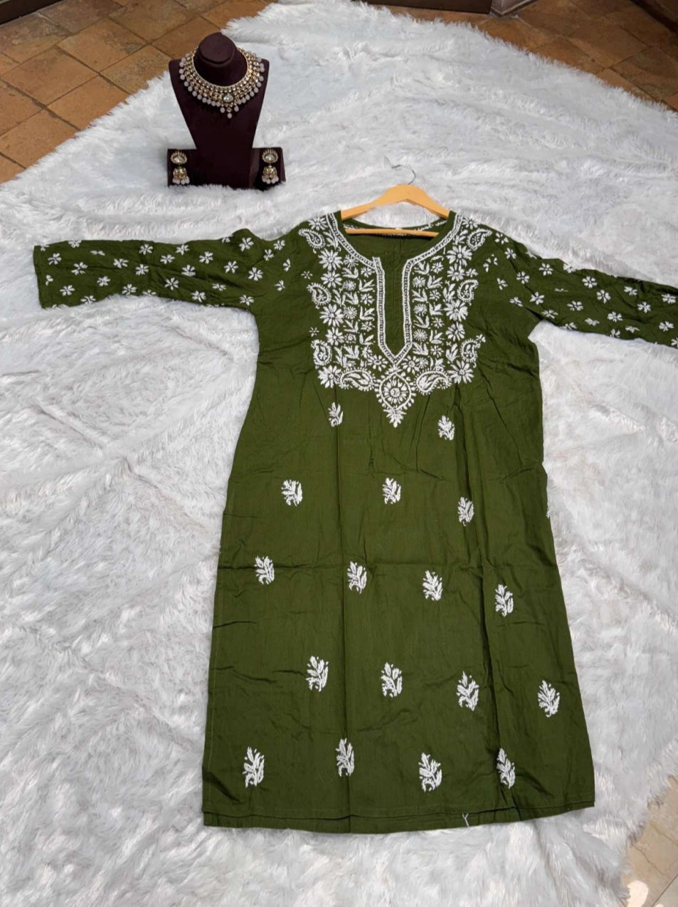 Olive Green Chikankari Kurti for Women | Straight Fit Ethnic Wear
