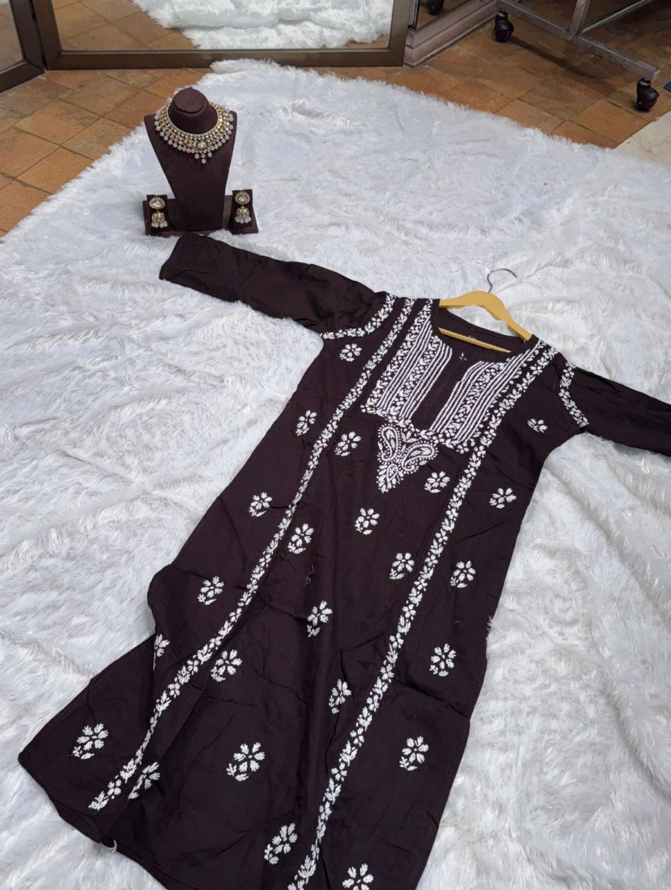 Chocolate Brown Chikankari Kurti for Women | Straight Fit Ethnic Wear