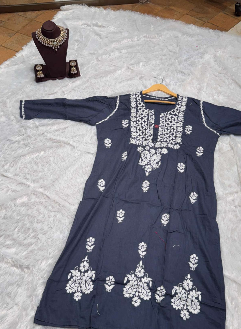 Slate Grey Chikankari Kurti for Women | Straight Fit Ethnic Wear