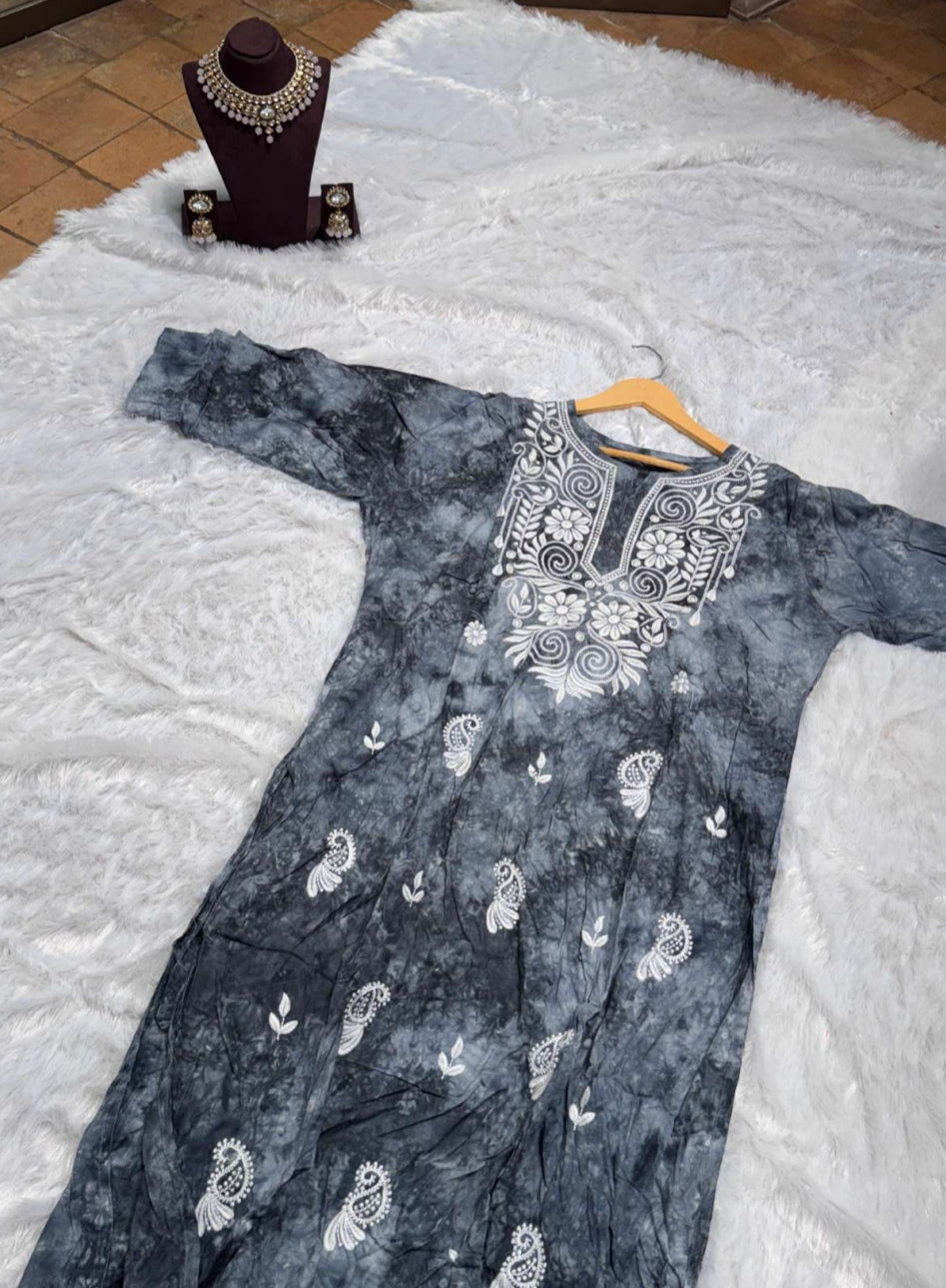 Grey Chikankari Kurti for Women | Straight Fit Ethnic Wear