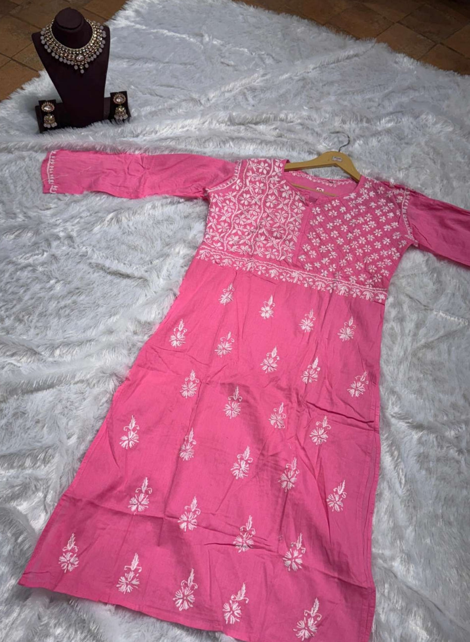 Pink Chikankari Kurti for Women | Straight Fit Ethnic Wear