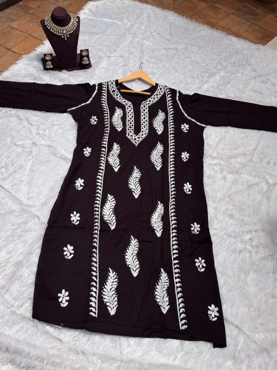Dark Brown Chikankari Kurti for Women | Straight Fit Ethnic Wear