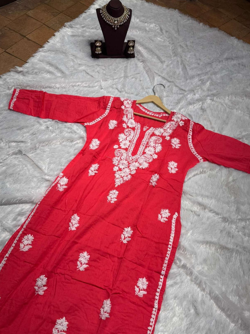 Bright Red Chikankari Kurti for Women | Straight Fit Ethnic Wear
