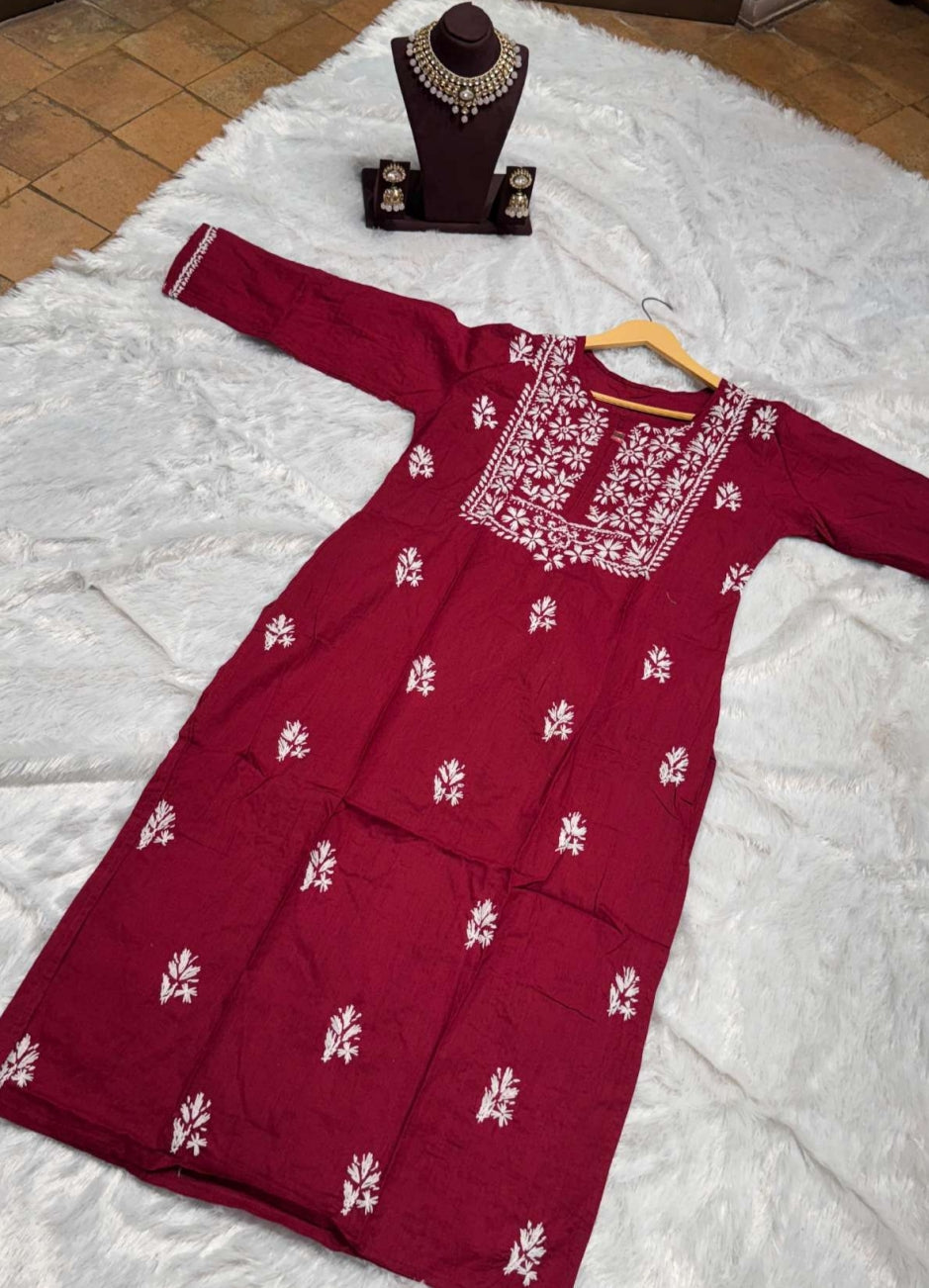 Mehroon Chikankari Kurti for Women | Straight Fit Ethnic Wear