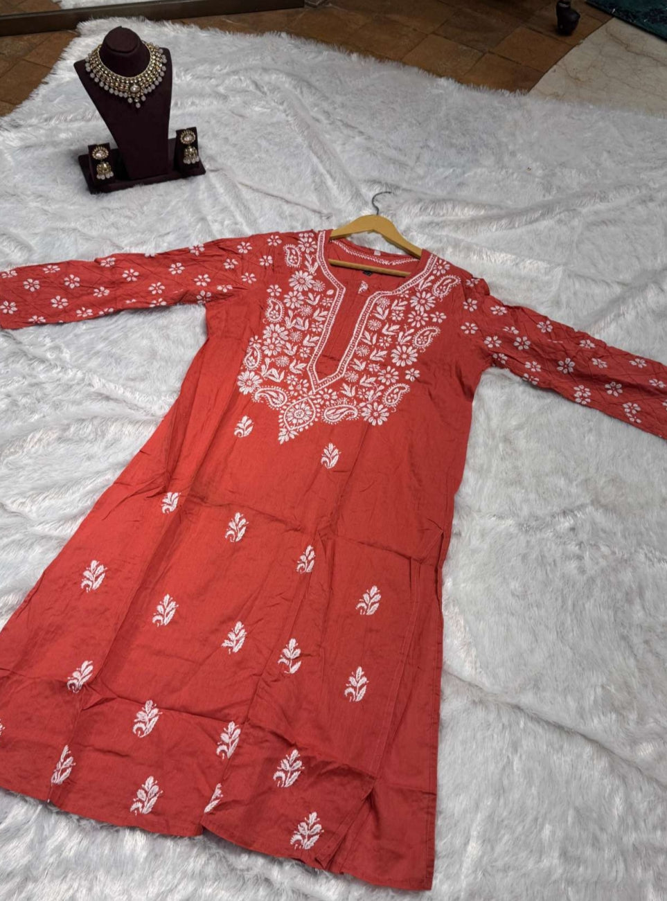 Coral Orange Chikankari Kurti for Women | Ethnic Wear